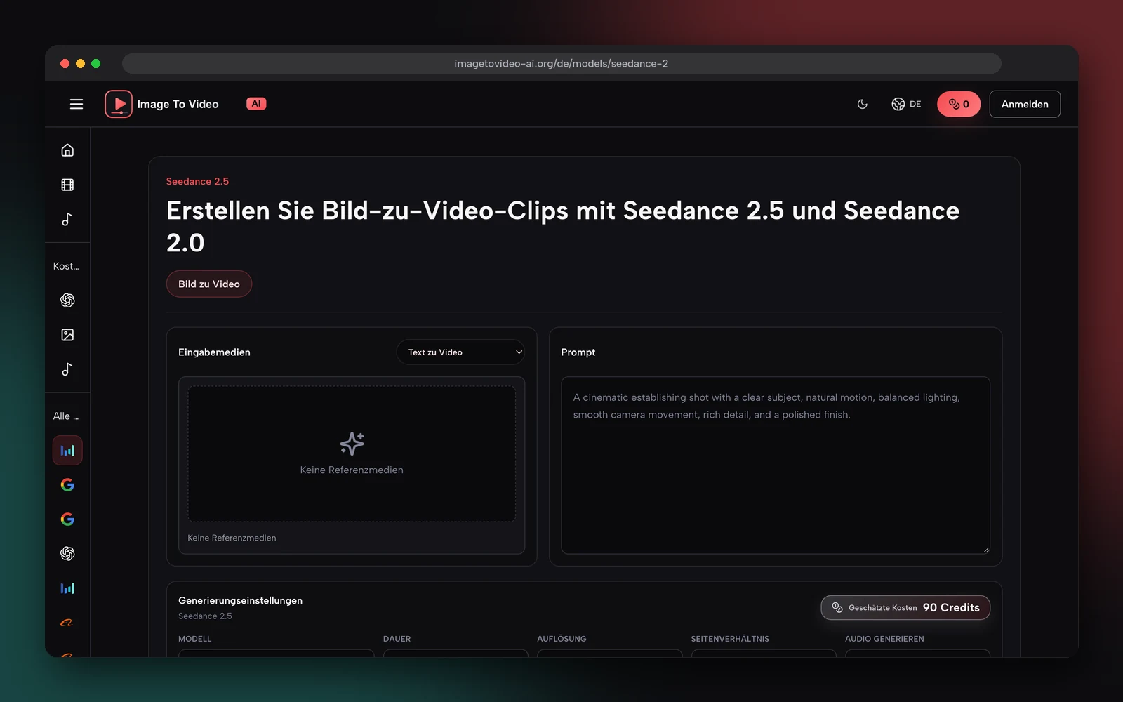Screenshot der deutschen Seedance-2.5-Seite auf imagetovideo-ai.org mit den Einstellungen für Modell, Dauer, Auflösung und Seitenverhältnis