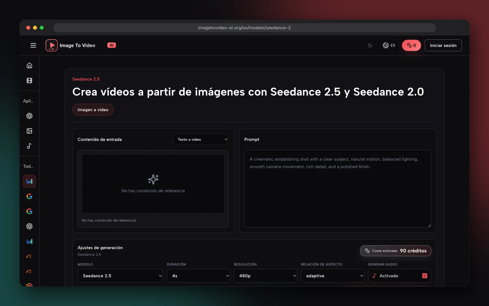 Captura de pantalla de la página de Seedance 2.5 en español en imagetovideo-ai.org, con los ajustes de modelo, duración, resolución y relación de aspecto