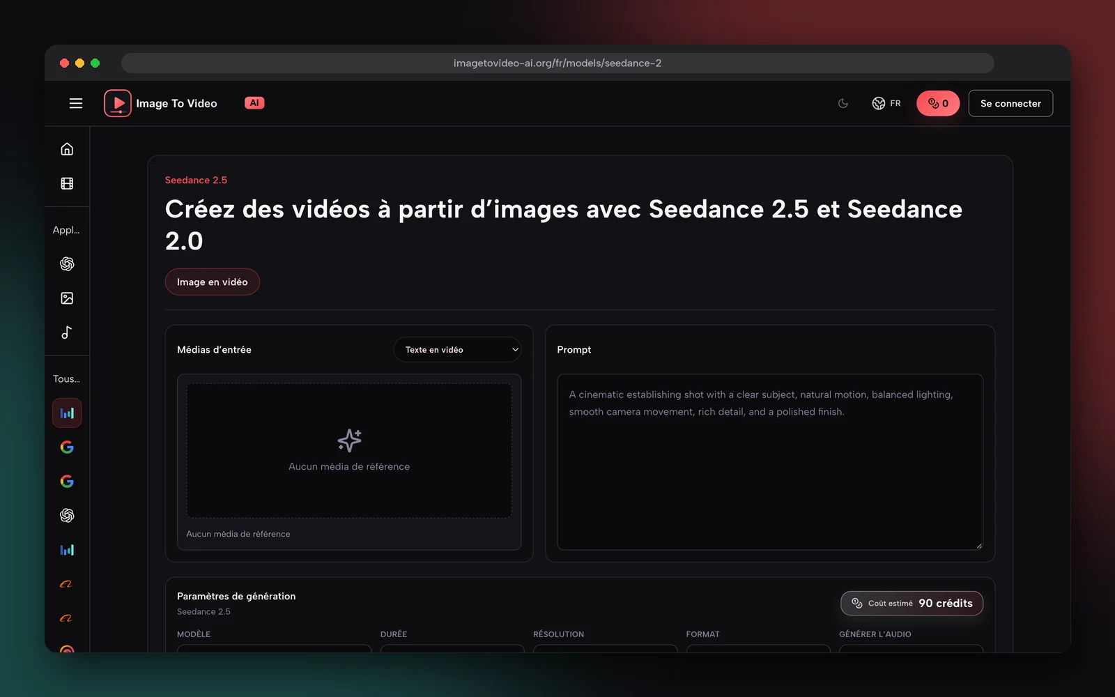 Capture d'écran de la page Seedance 2.5 en français sur imagetovideo-ai.org, avec les réglages de modèle, de durée, de résolution et de format