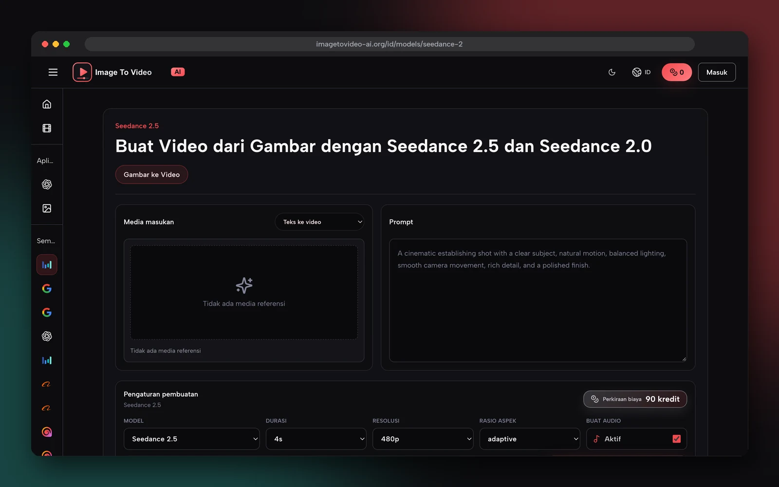 Tangkapan layar generator Seedance 2.5 di imagetovideo-ai.org versi bahasa Indonesia, dengan pengaturan model, durasi, resolusi, dan rasio aspek