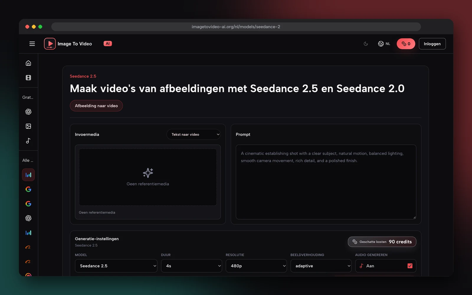 Screenshot van de Nederlandse versie van de Seedance 2.5-generator op imagetovideo-ai.org, met instellingen voor model, duur, resolutie en beeldverhouding