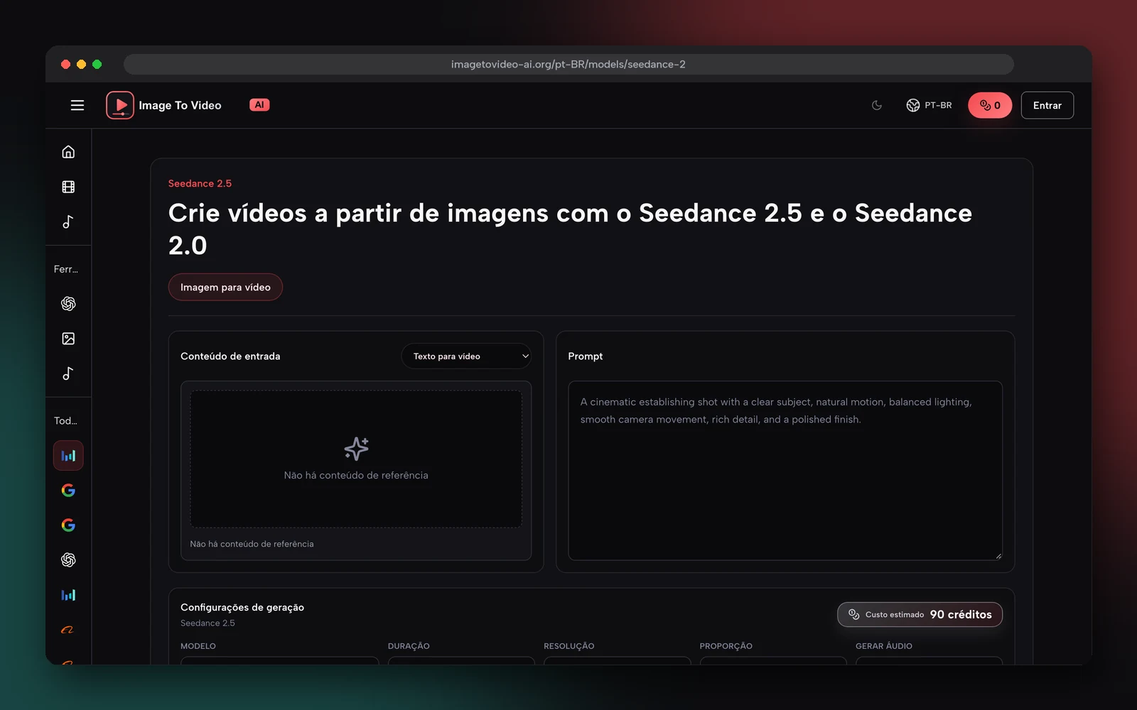 Captura de tela do gerador do Seedance 2.5 no imagetovideo-ai.org, na versão em português, com as opções de modelo, duração, resolução e proporção