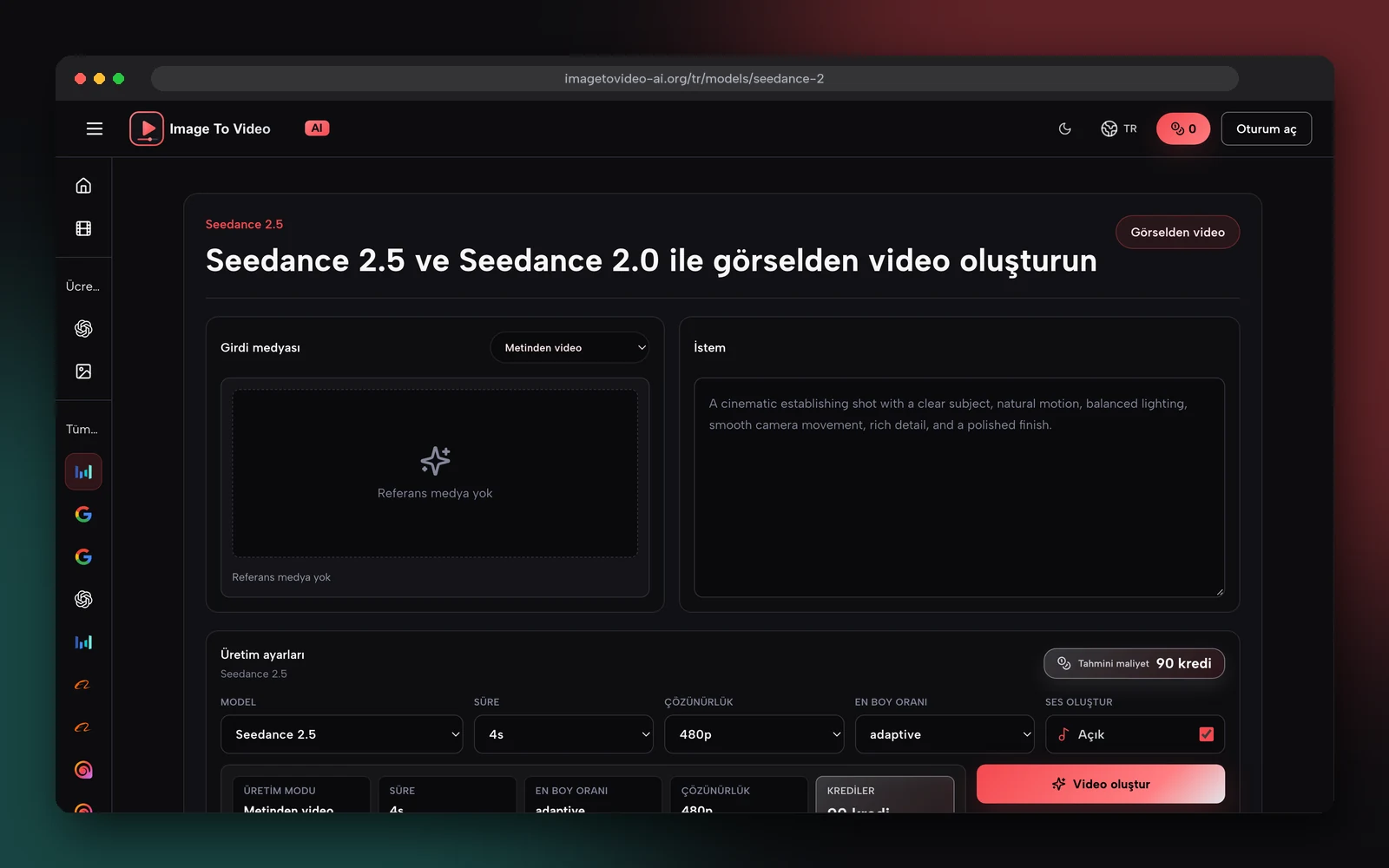 imagetovideo-ai.org'daki Seedance 2.5 üreticisinin Türkçe sürümünden ekran görüntüsü; model, süre, çözünürlük ve en-boy oranı ayarları görünüyor