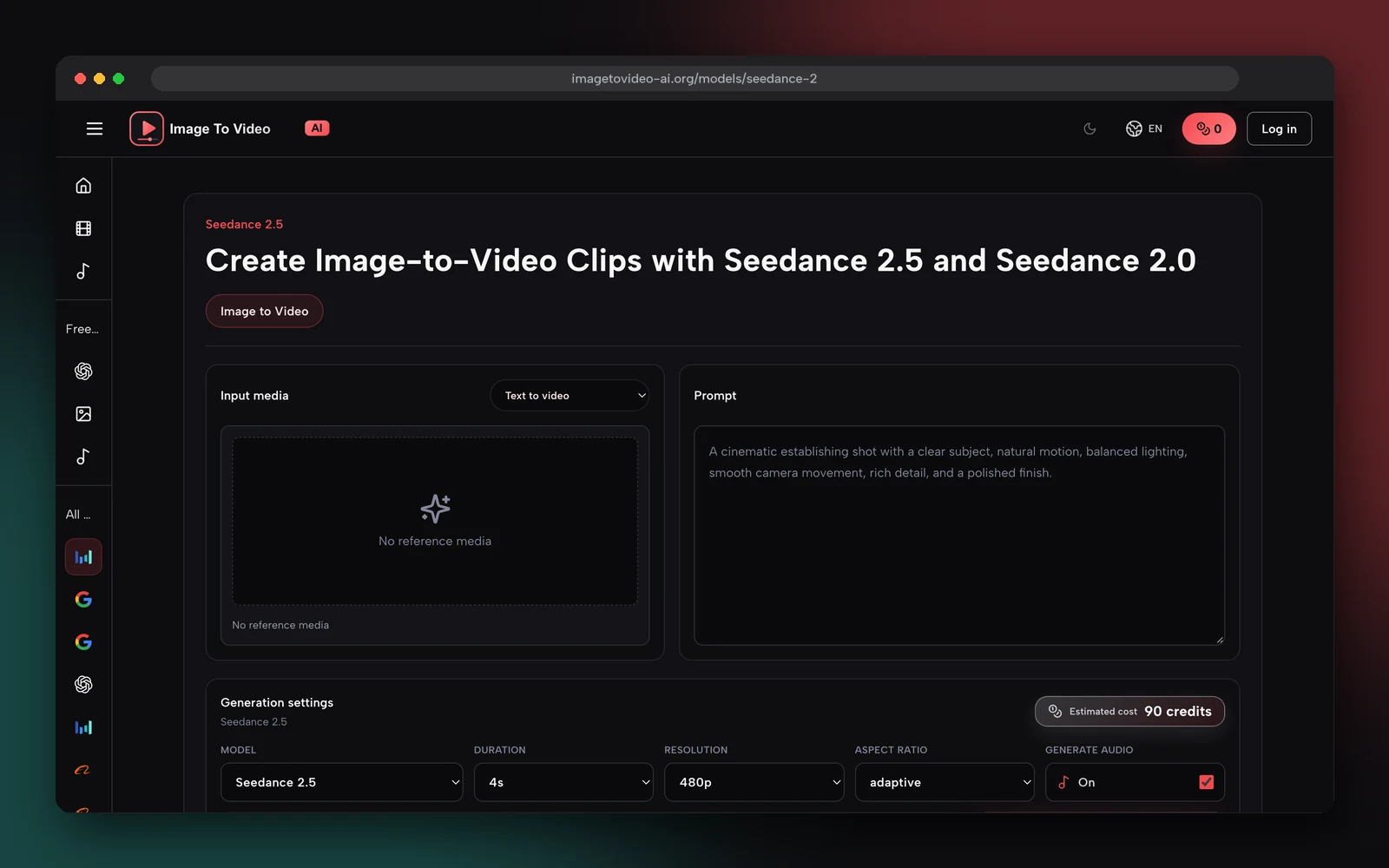Screenshot of the Seedance 2.5 generator on imagetovideo-ai.org with model, duration, resolution and aspect ratio settings