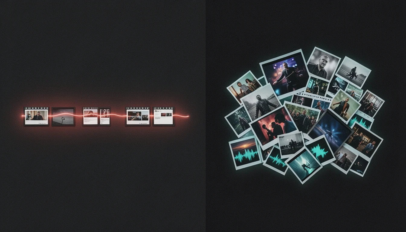 Illustration of a row of storyboard keyframes on one side and a loose pile of reference photos, clips and audio on the other