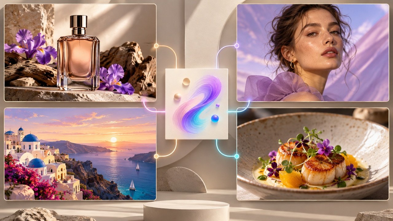 Four-scene collage: a perfume bottle among irises, a portrait in lilac tones, a clifftop village at sunset, and seared scallops