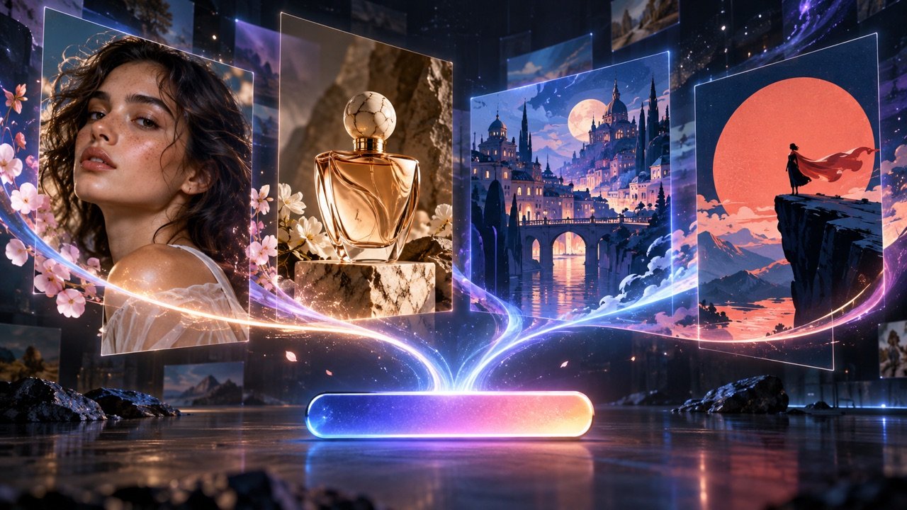 Concept scene: light trails rise from a glowing prompt bar into panels showing a portrait, a perfume bottle, a moonlit castle city, and a caped figure on a cliff