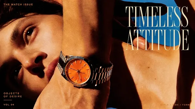 Magazine cover: a model reclining in hard sunlight, wearing an orange-dial watch, beside the headline TIMELESS ATTITUDE