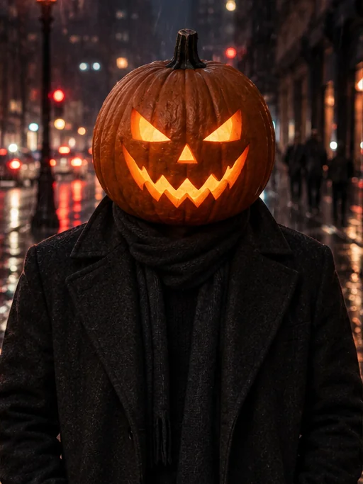 AI-created evening portrait with a glowing jack-o’-lantern head and cinematic street lighting