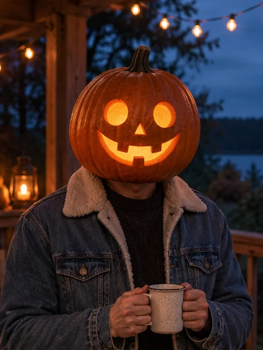 AI-created Halloween portrait with a smiling pumpkin head, denim jacket, and front porch at blue hour