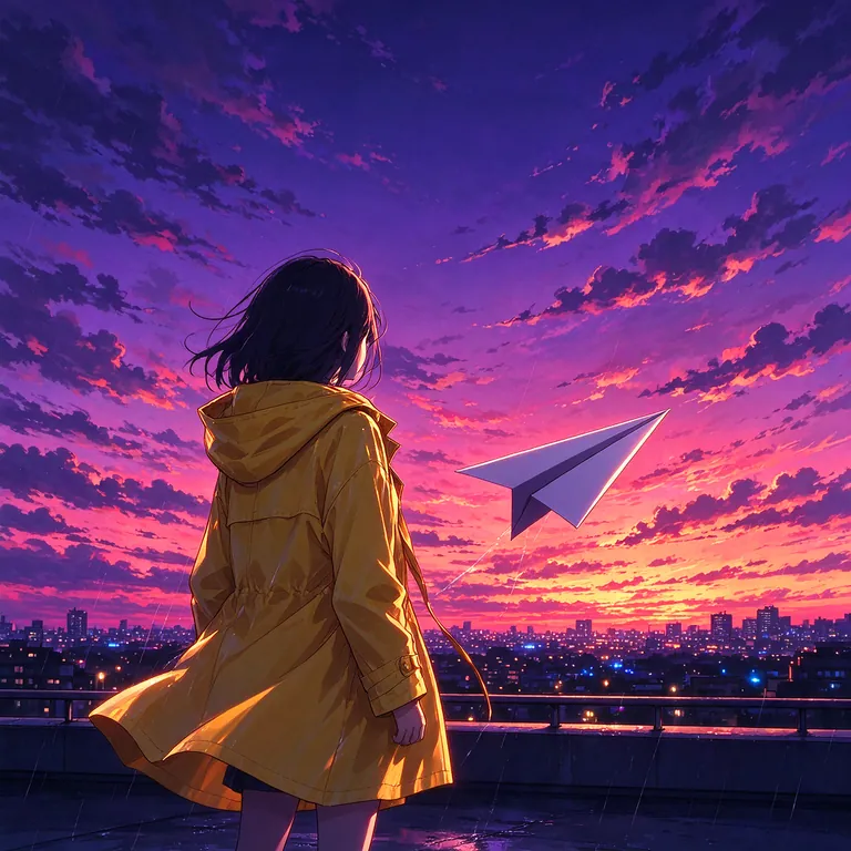 Anime-style girl in a yellow raincoat on a rooftop at dusk, with city lights and a paper plane