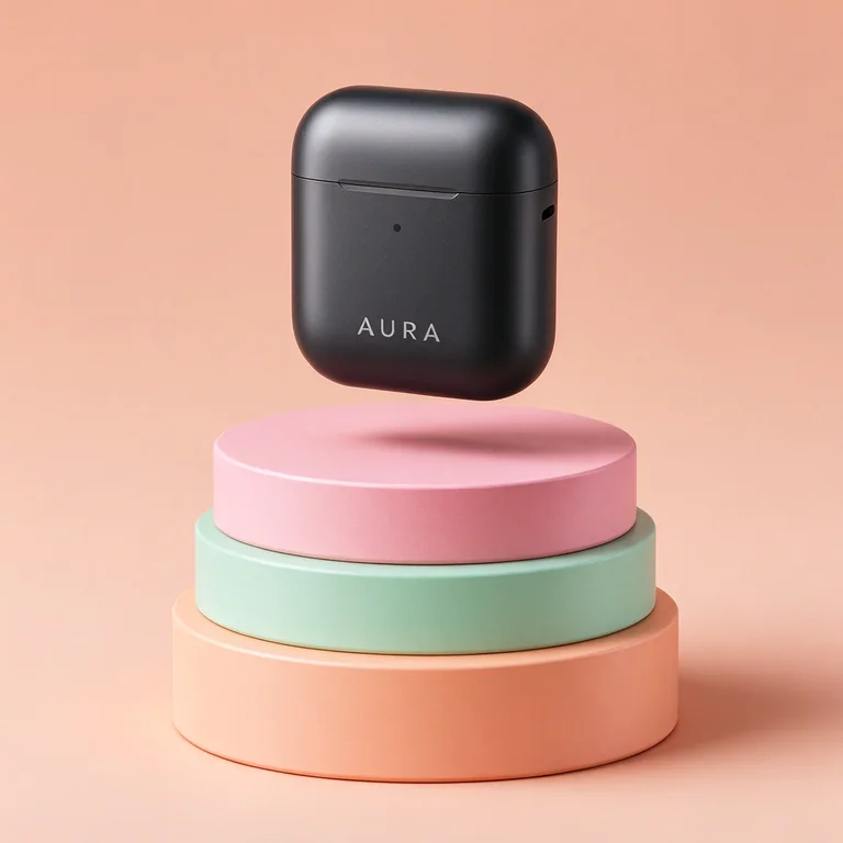 Black wireless earbuds case floating above stacked pastel pedestals, with the word AURA on the front
