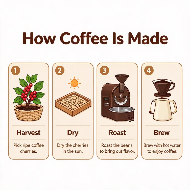 Flat infographic titled How Coffee Is Made, with four numbered steps: harvest, dry, roast, brew