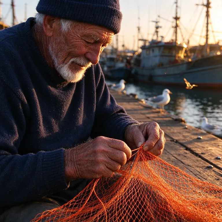 Elderly fisherman mending an orange net on a wooden harbor pier at golden hour