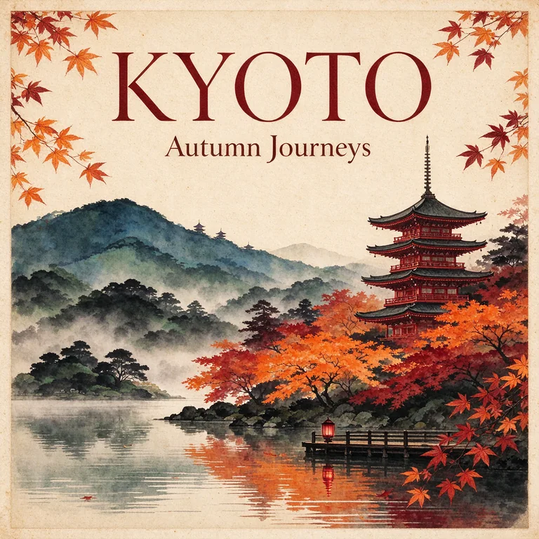 Autumn travel poster titled KYOTO, with a red pagoda among maple trees and misty hills