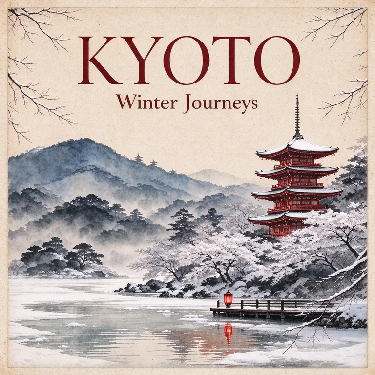 The edited poster: snow on the pagoda and trees, a partly frozen lake, and the subtitle Winter Journeys