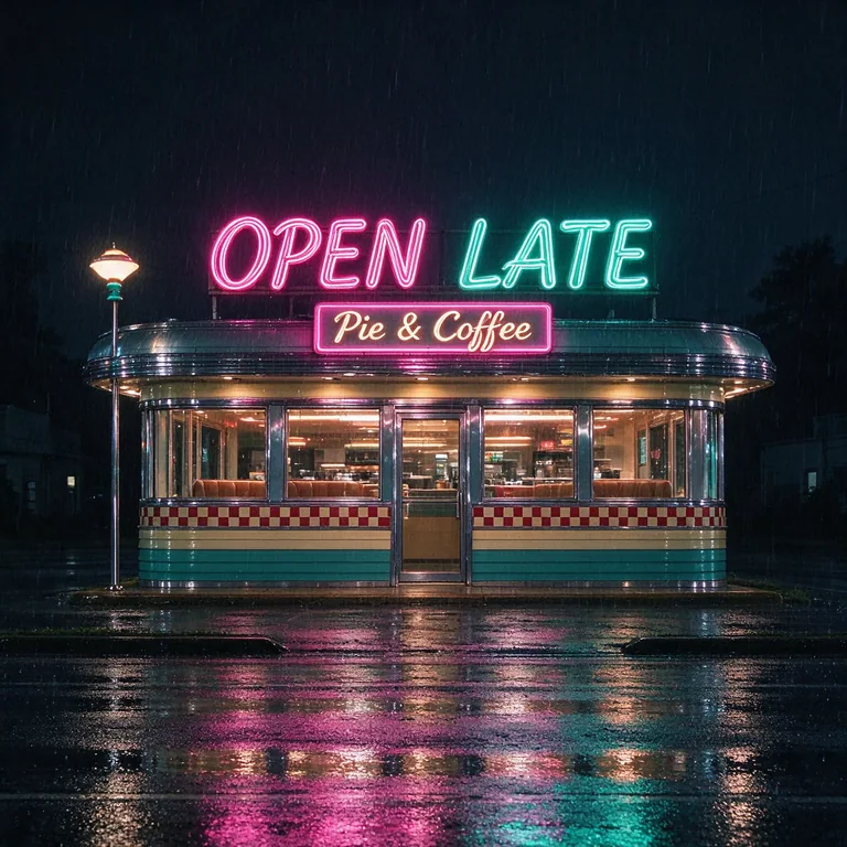 A neon diner at night on a rainy street, with a glowing OPEN LATE sign and a Pie & Coffee sign